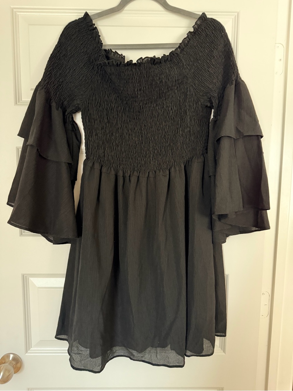 SHEIN Black Smocked Dress with Layered Bell Sleeves